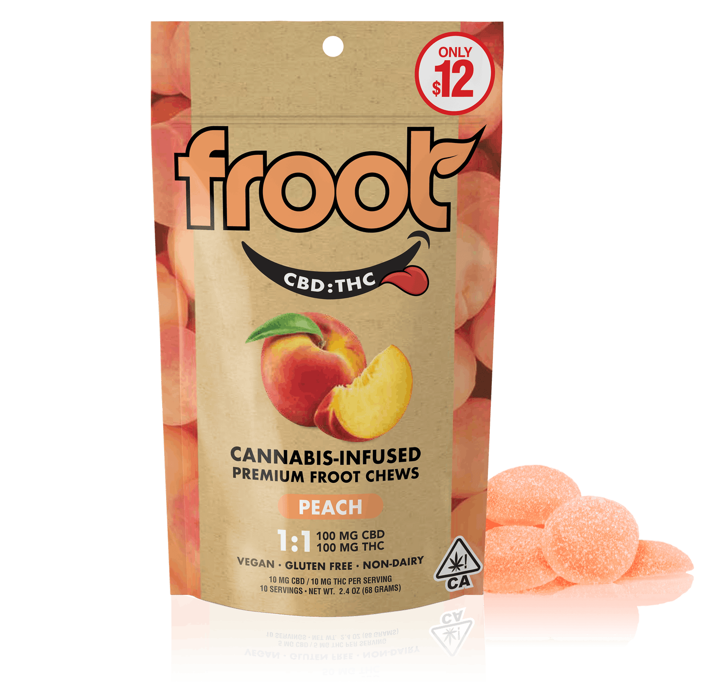 Peach 1:1 CBD:THC Gummies 10pK 100THC:100CBD (Froot)