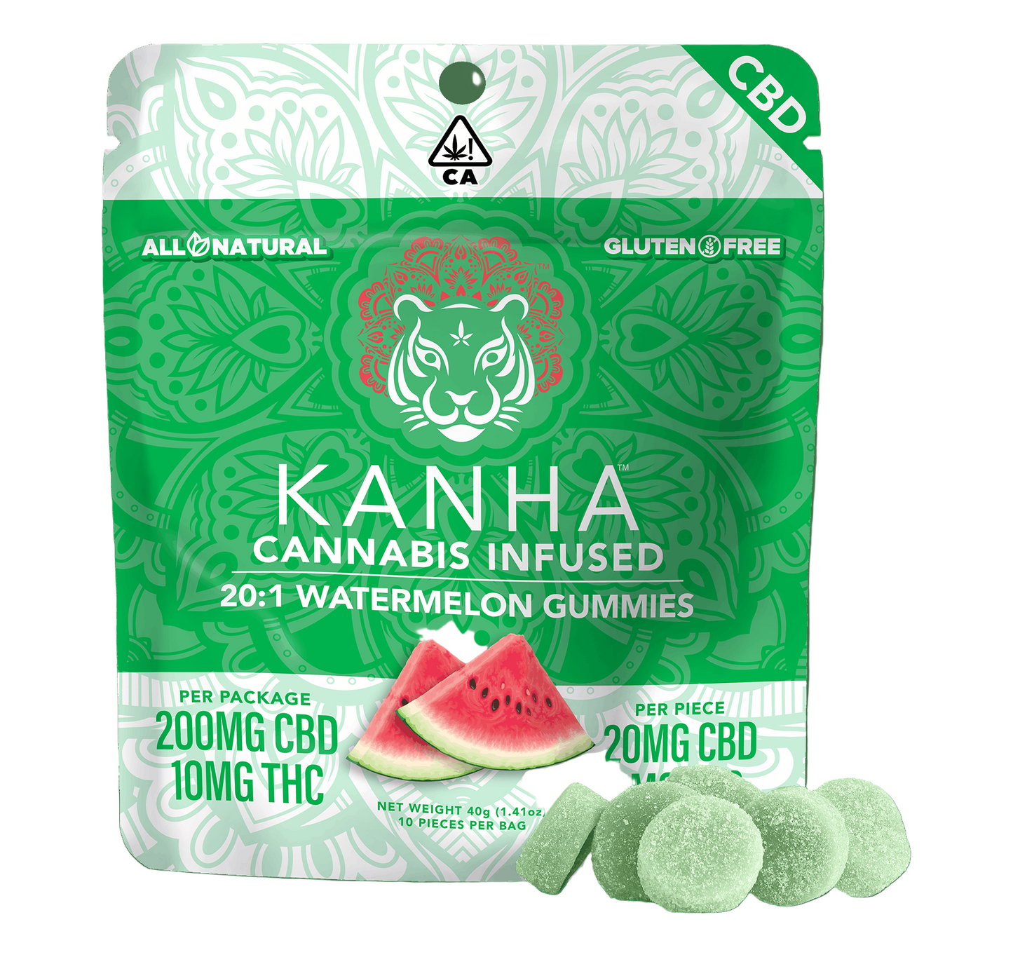 Watermelon 20:1 CBD:THC Gummies 10pk 200mg CBD/10mg THC (KANHA)