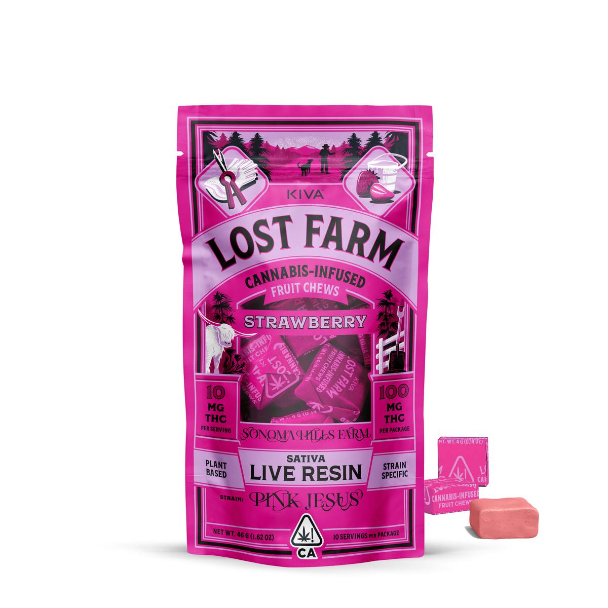 Strawberry x Pink Jesus Lost Farm Live Resin Chews 10pk 100mg THC (Kiva Confections)