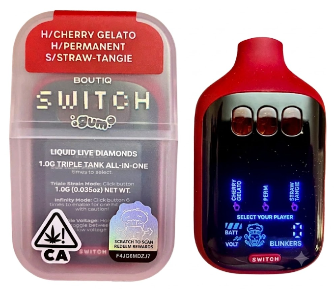 Cherry Gelato X Permanent X Straw-Tangie Switch V5 Triple Tank Liquid Live Diamonds Disposable 2g ( Boutiq )