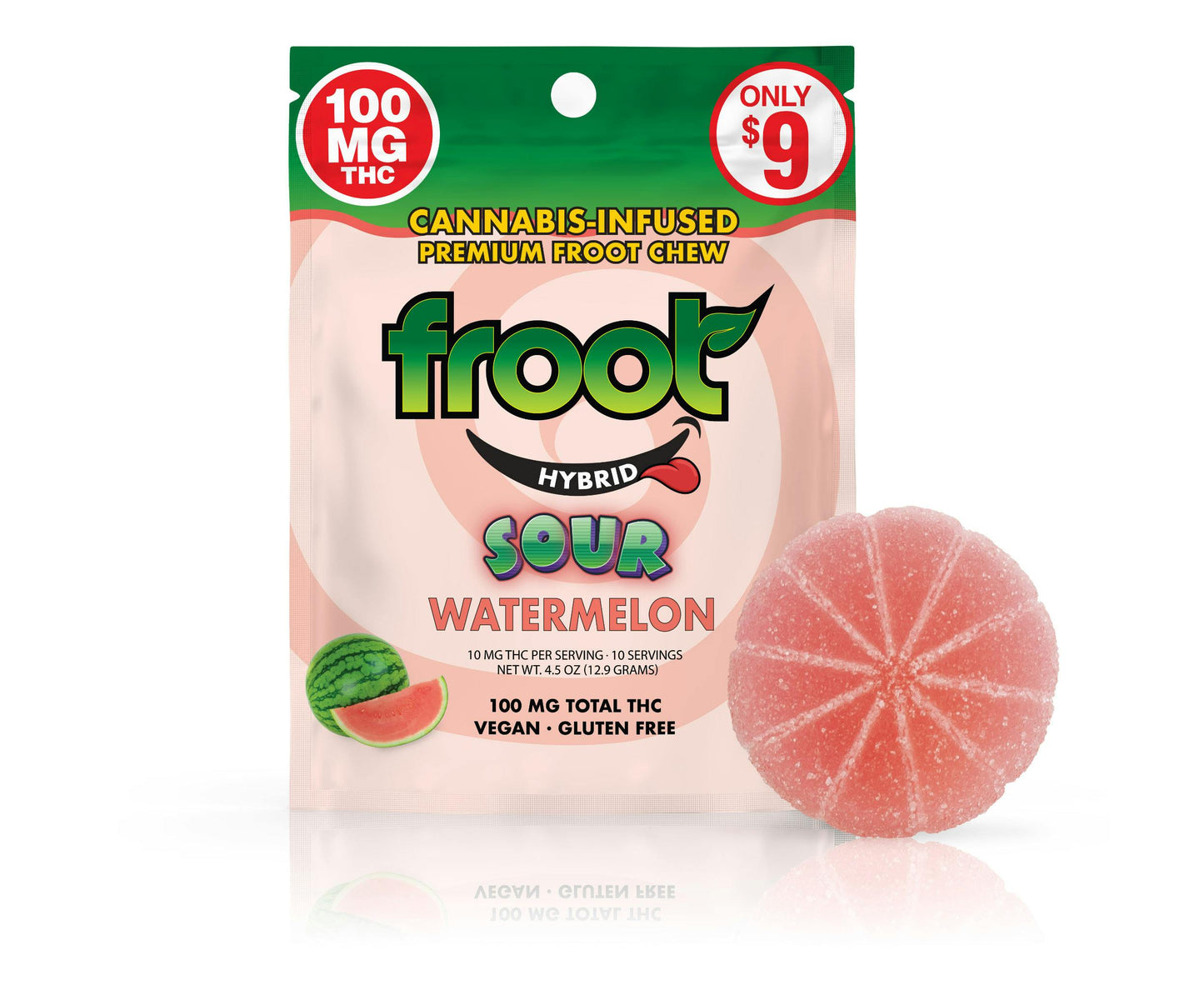 Sour Watermelon Single Cut to dose Gummy 1pc 100mg THC (Froot)