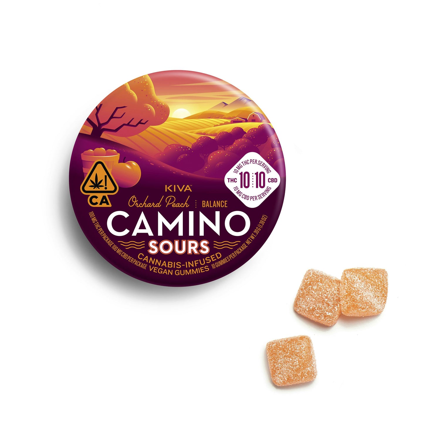 Orchard Peach "Balance" 1:1 THC:CBD Camino Gummies 10pk 100THC:100CBD (Kiva Confections)