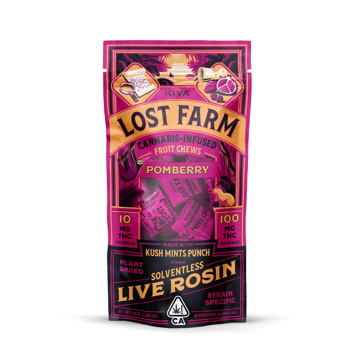 Pomberry x Kush Mints Punch Lost Farm Live Rosin Chews 10pk 100mg THC (Kiva Confections)