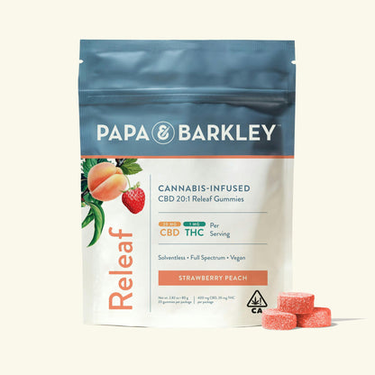 Strawberry Peach 20:1 CBD:THC Releaf Gummies 20pk 400mg CBD:20mg THC (Papa & Barkley)